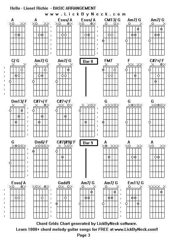 Chord Grids Chart of chord melody fingerstyle guitar song-Hello - Lionel Richie  - BASIC ARRANGEMENT,generated by LickByNeck software.